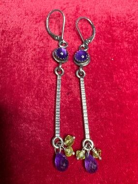 Earrings 925 Sterling Silver Dangle Amethyst Peridot Gemstones